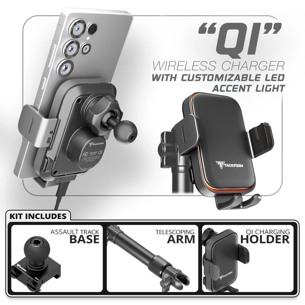 Qi Wireless Charging Phone Holder with Customizable LED Accent Lighting | TRAXX™ - Assault Track Base | 7.5"-9.25" Telescoping Arm
