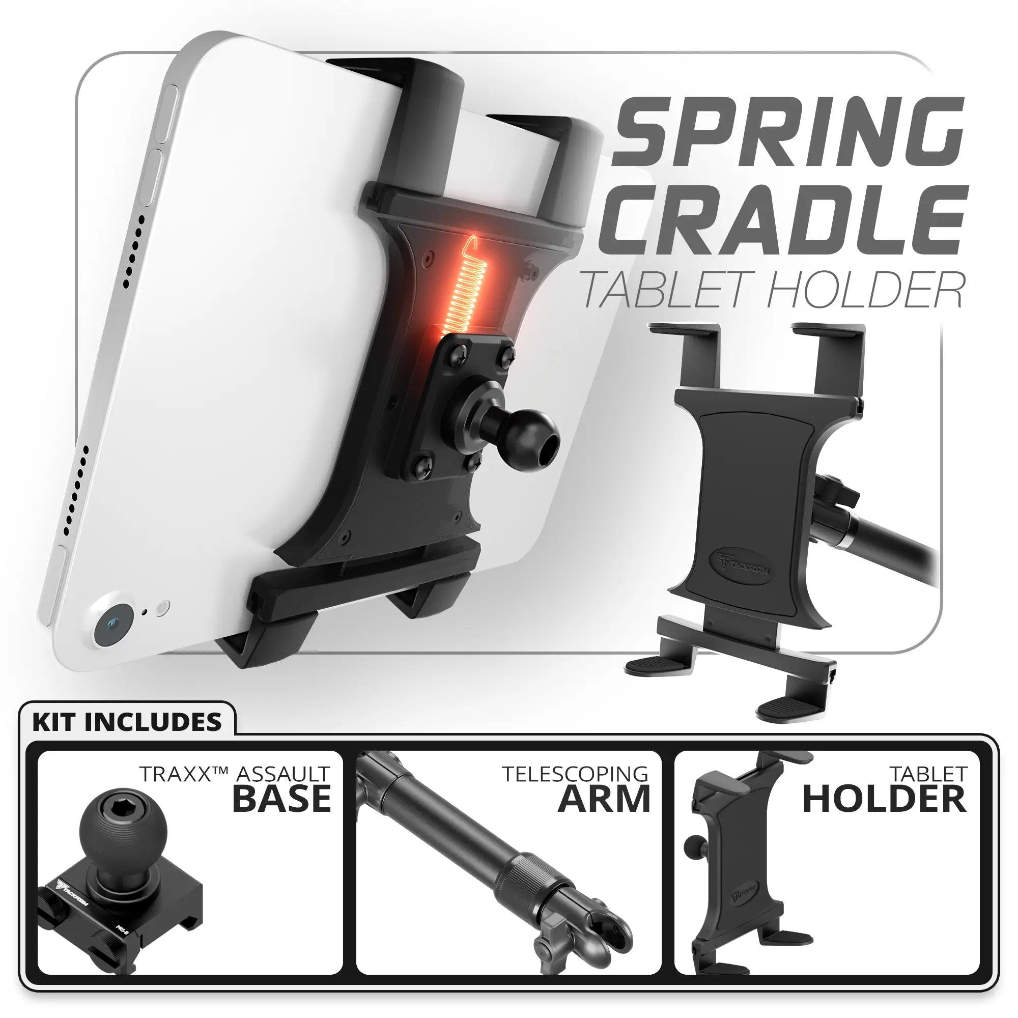 Tablet Spring Cradle | TRAXX™ - Assault Track Base | 7.5"-9.25" Telescoping Arm