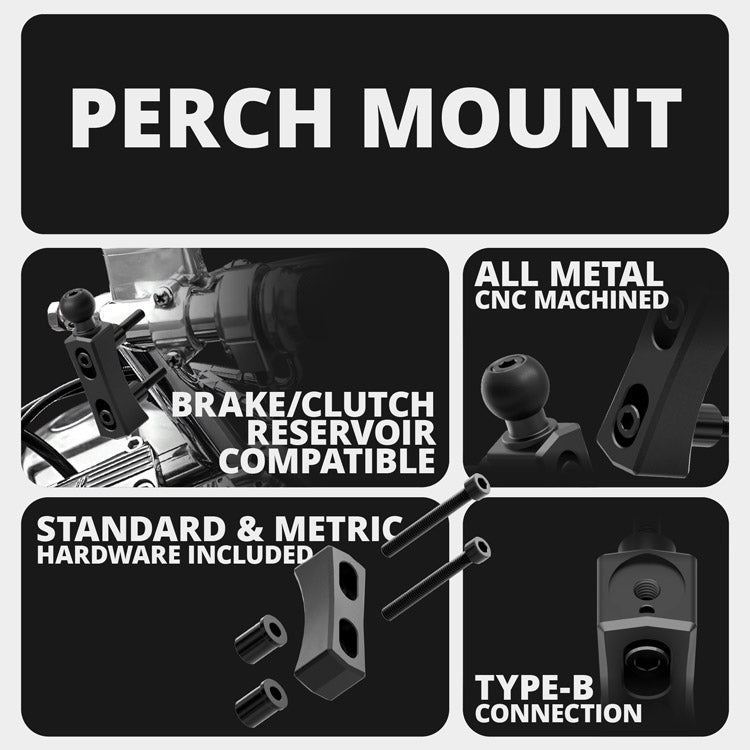 Black Motorcycle Adventure Phone Cradle | Wireless Charging and Vibration Dampening | Perch / Brake / Clutch Reservoir Mount | 3.5" DuraLock™ Arm