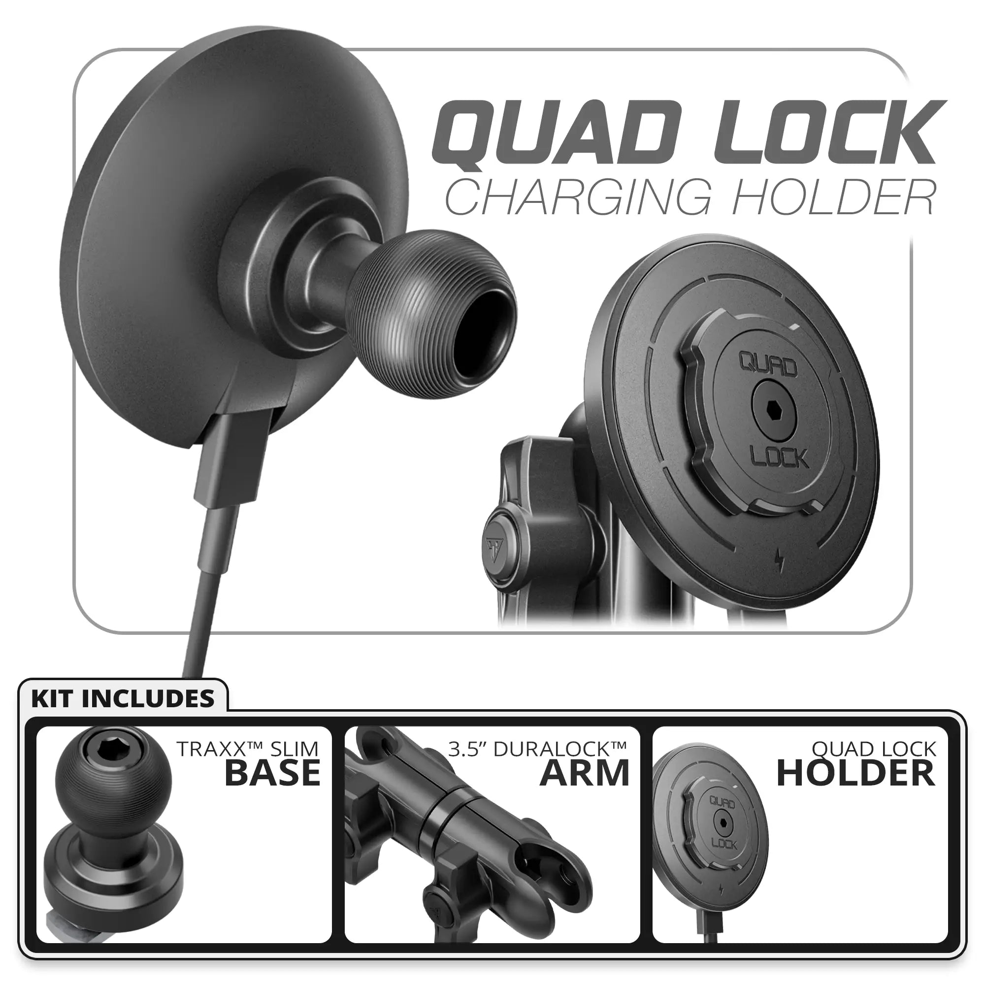 Quad Lock MAG™ Wireless Charging Phone Holder | TRAXX™ - Slim Track Base | 3.5" DuraLock Arm