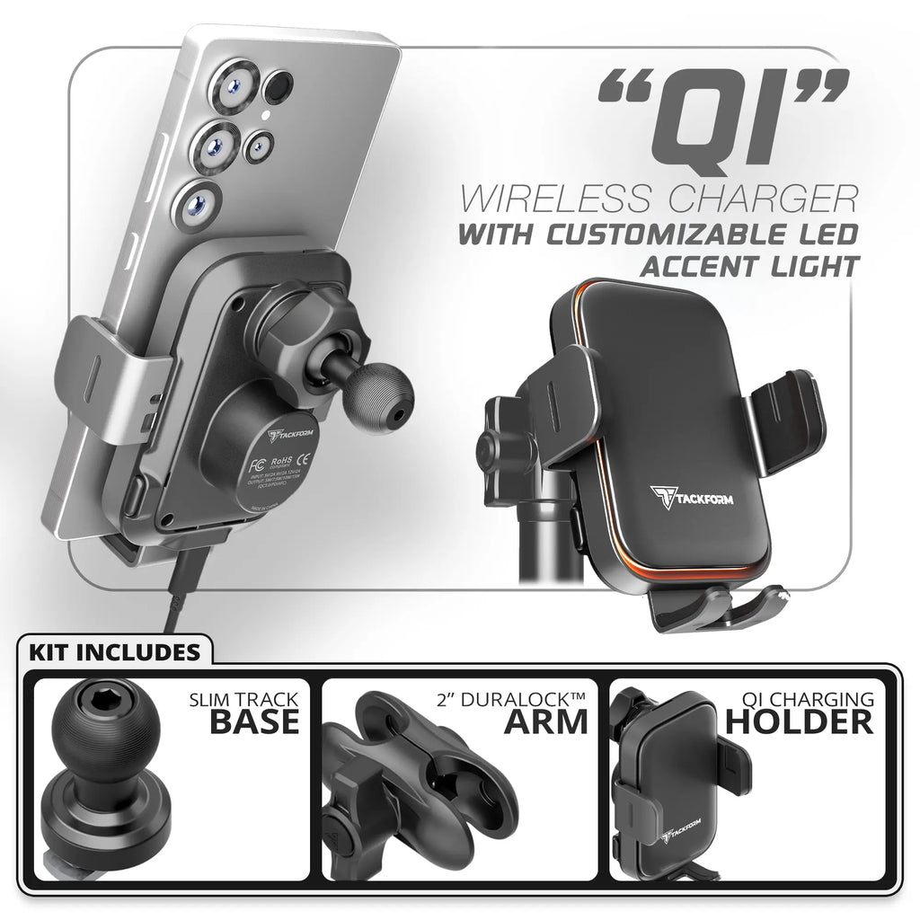 Qi Wireless Charging Phone Holder with Customizable LED Accent Lighting  | TRAXX™ - Slim Track Base | 2" DuraLock Arm