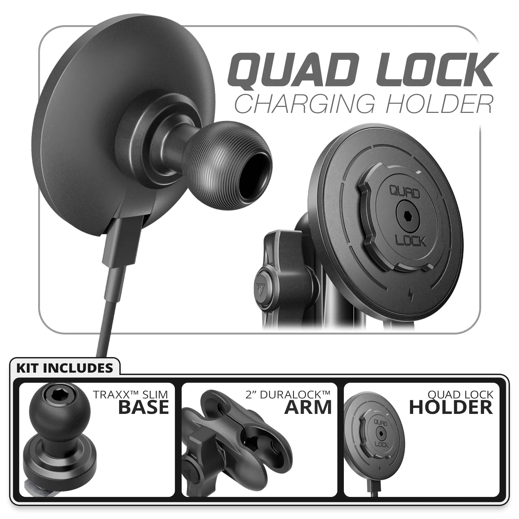 Quad Lock MAG™ Wireless Charging Phone Holder | TRAXX™ - Slim Track Base | 2" DuraLock Arm