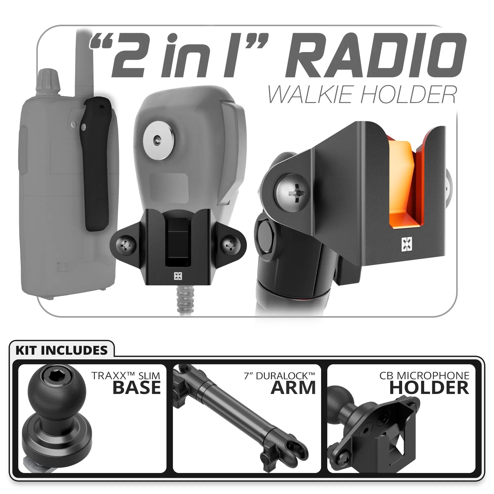 CB Radio/Microphone Holder | TRAXX™ - Slim Track Base | 7" DuraLock Arm