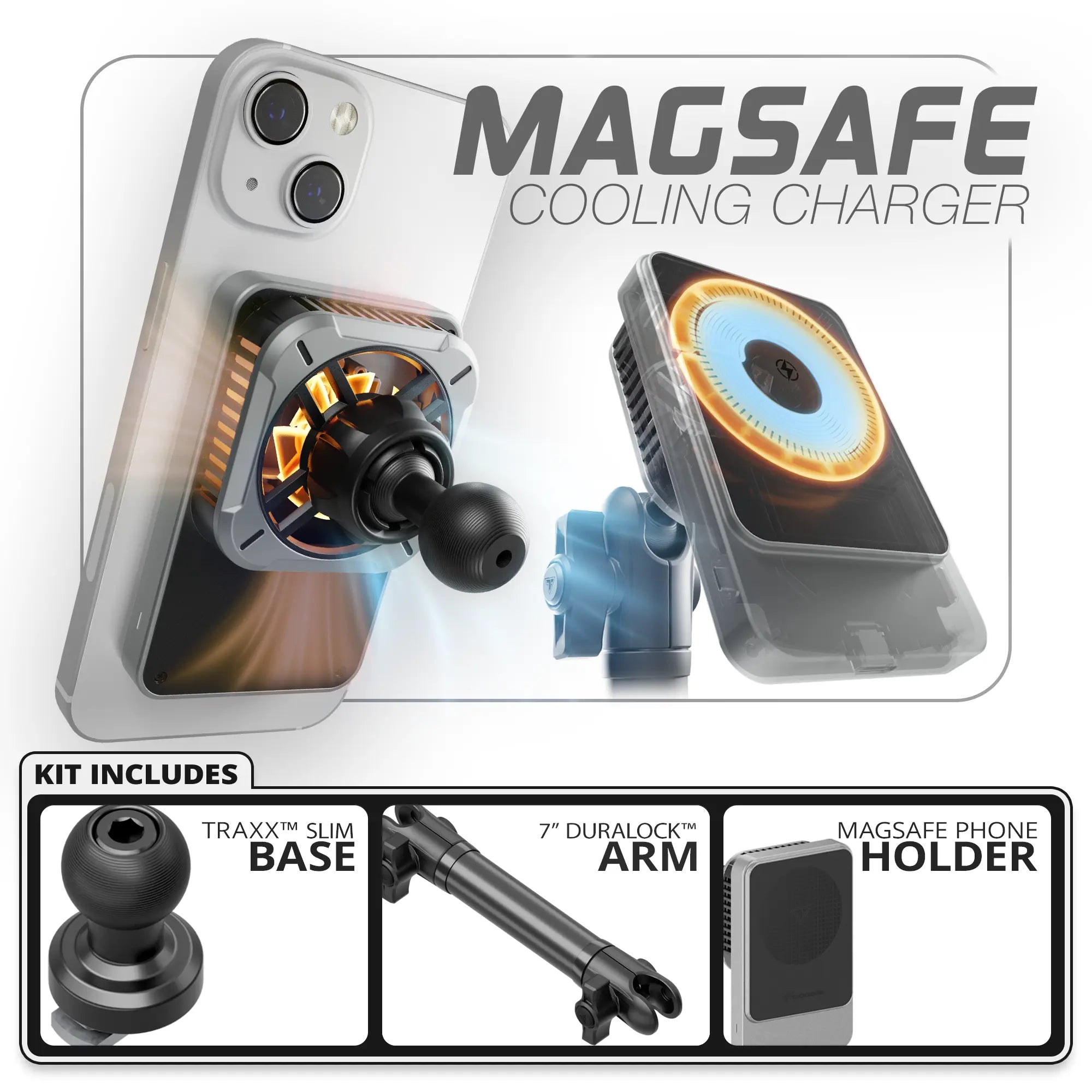 MagSafe Charging & Cooling Phone Holder  | TRAXX™ - Slim Track Base | 7" DuraLock Arm