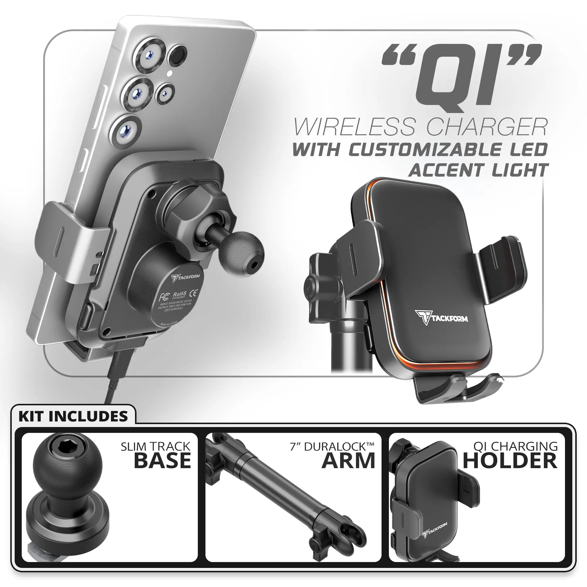 Qi Wireless Charging Phone Holder with Customizable LED Accent Lighting  | TRAXX™ - Slim Track Base | 7" DuraLock Arm