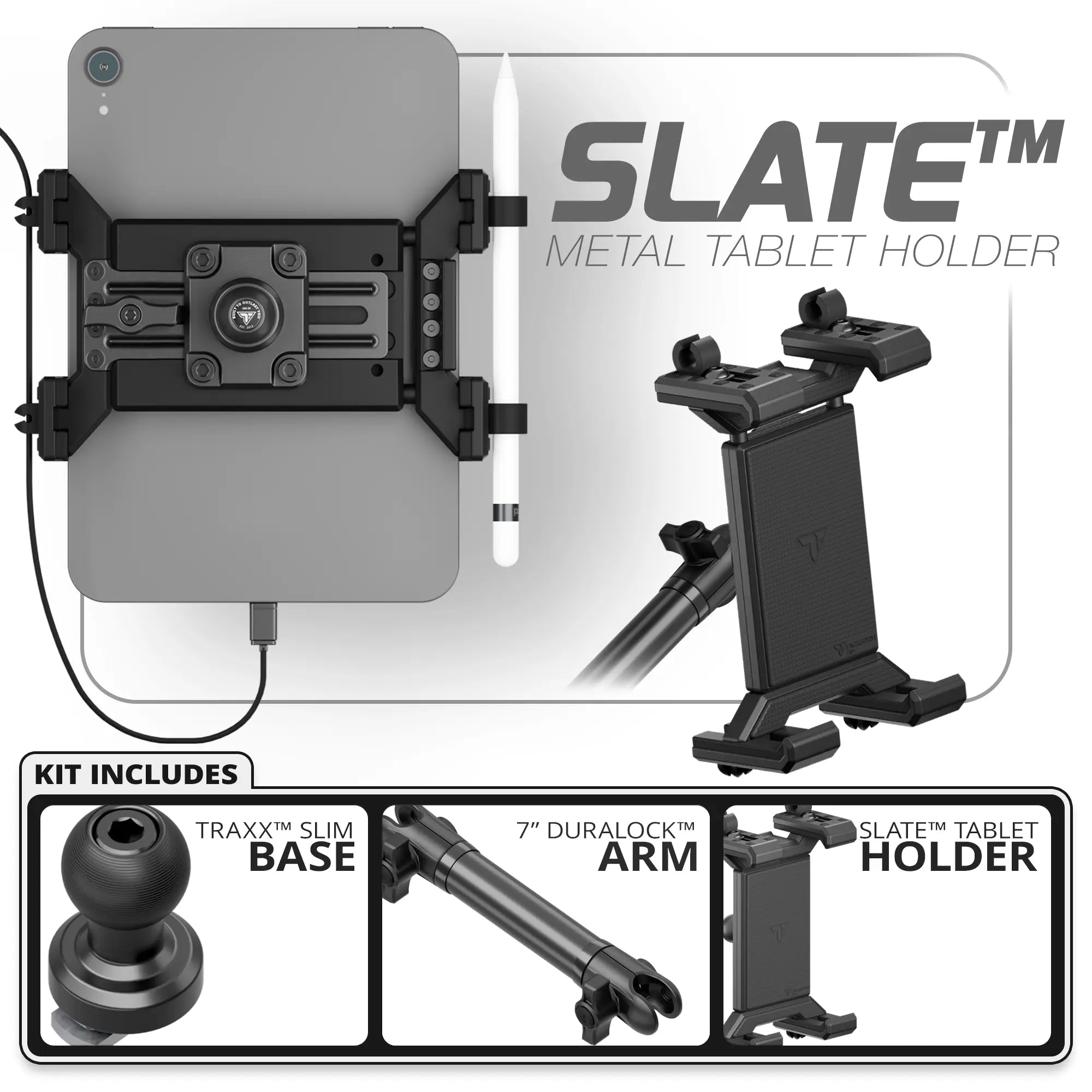 Metal Tablet Holder | TRAXX™ - Slim Track Base | 7" DuraLock Arm