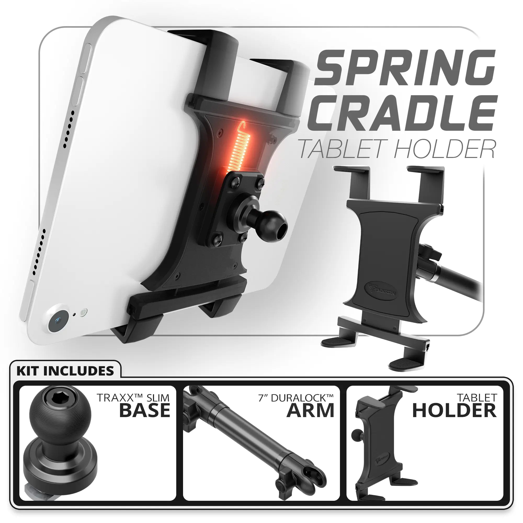 Tablet Spring Cradle | TRAXX™ - Slim Track Base | 7" DuraLock Arm