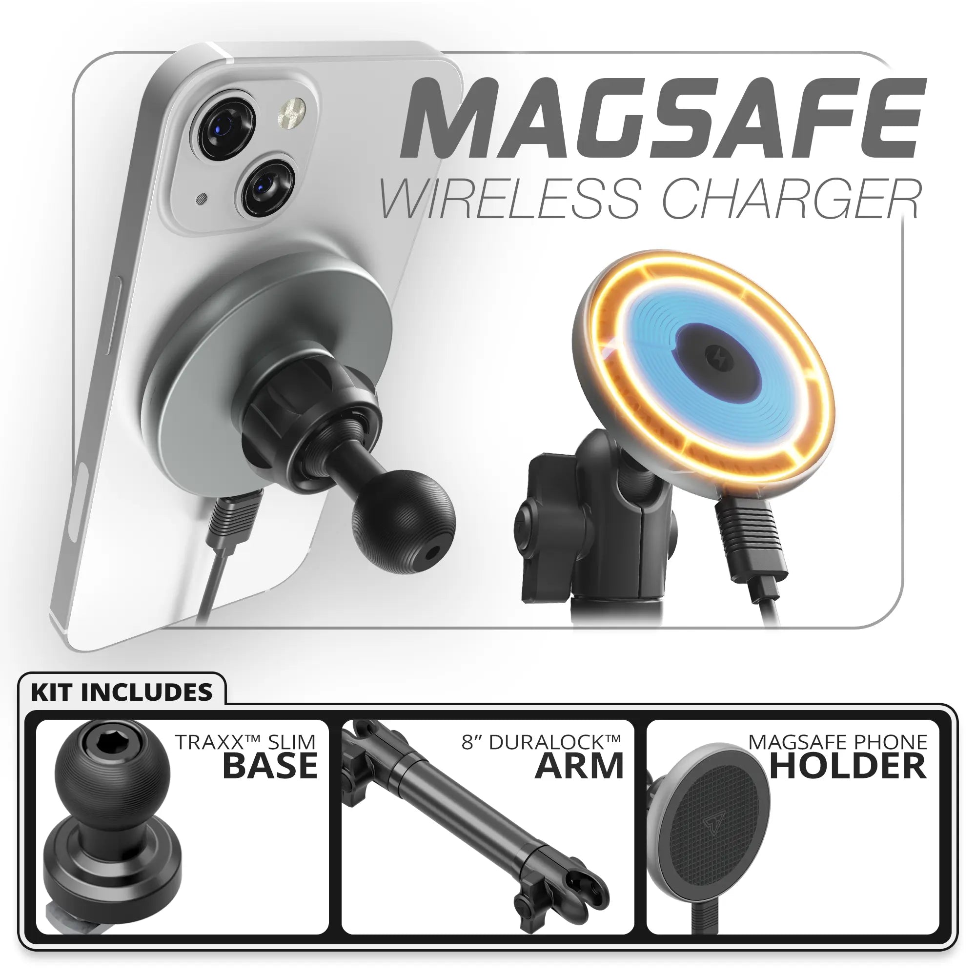 MagSafe Charging Phone Holder  | TRAXX™ - Slim Track Base | 8" DuraLock Arm