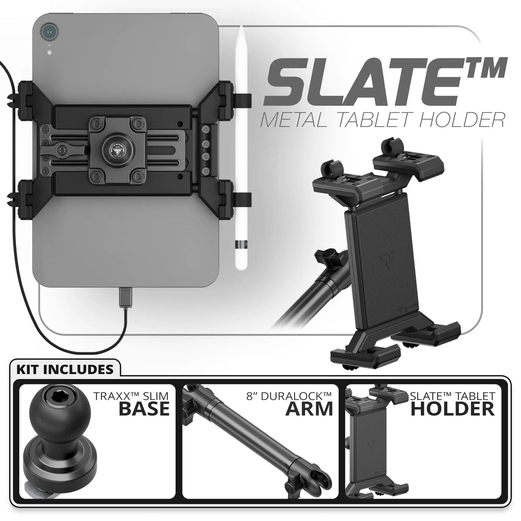 Metal Tablet Holder | TRAXX™ - Slim Track Base | 8" DuraLock Arm