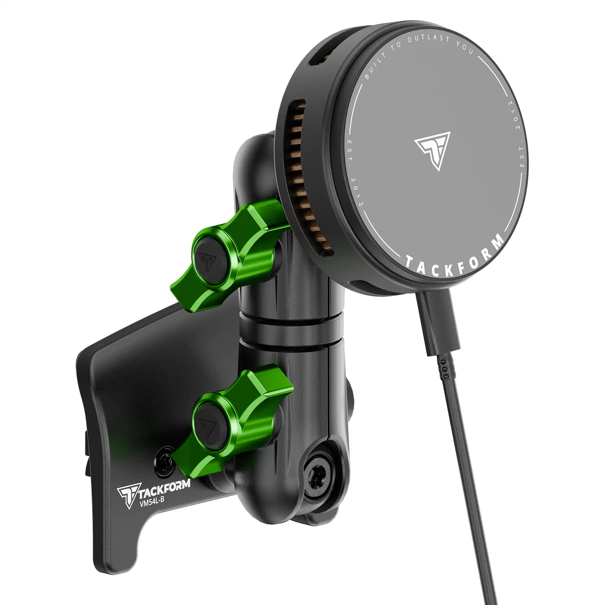 Product image of black Tacoma Phone Mount with 25W Qi Magnetic Phone Charger Compatible with MagSafe with active cooling and Green Billet Knobs