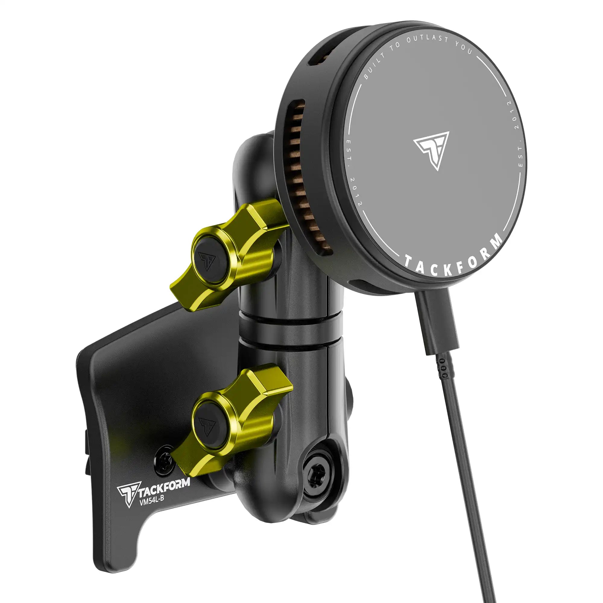 Product image of black Tacoma Phone Mount with 25W Qi Magnetic Phone Charger Compatible with MagSafe with active cooling and Yellow Billet Knobs