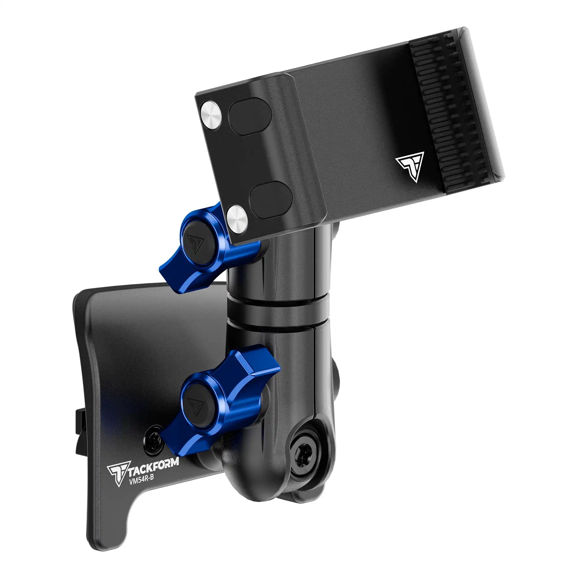 Product image of black Tacoma Phone Mount with billet spring cradle phone holder with blue billet knobs
