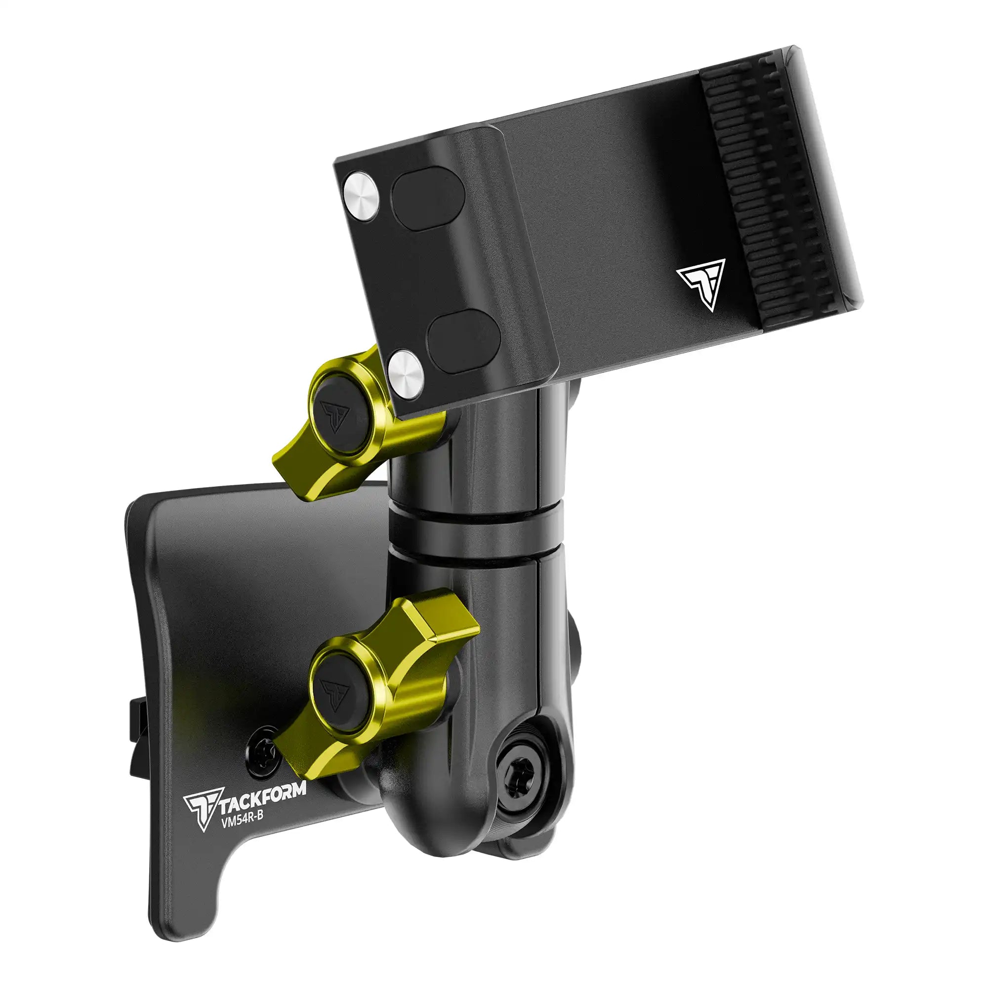 Product image of black Tacoma Phone Mount with billet spring cradle phone holder with yellow billet knobs