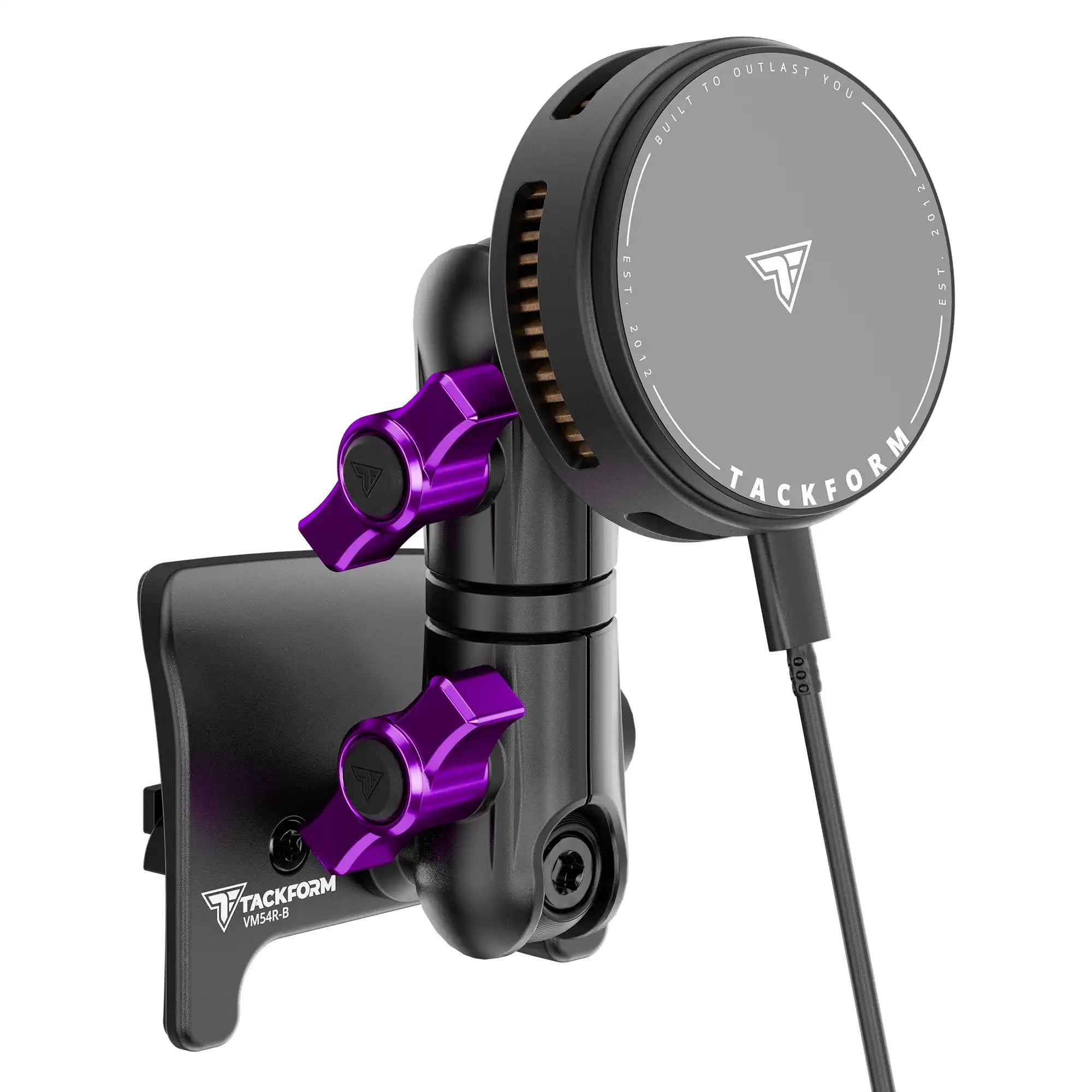 Product image of black 25W Qi Wireless Charging Toyota Tacoma Phone Mount active cooling and purple billet knobs