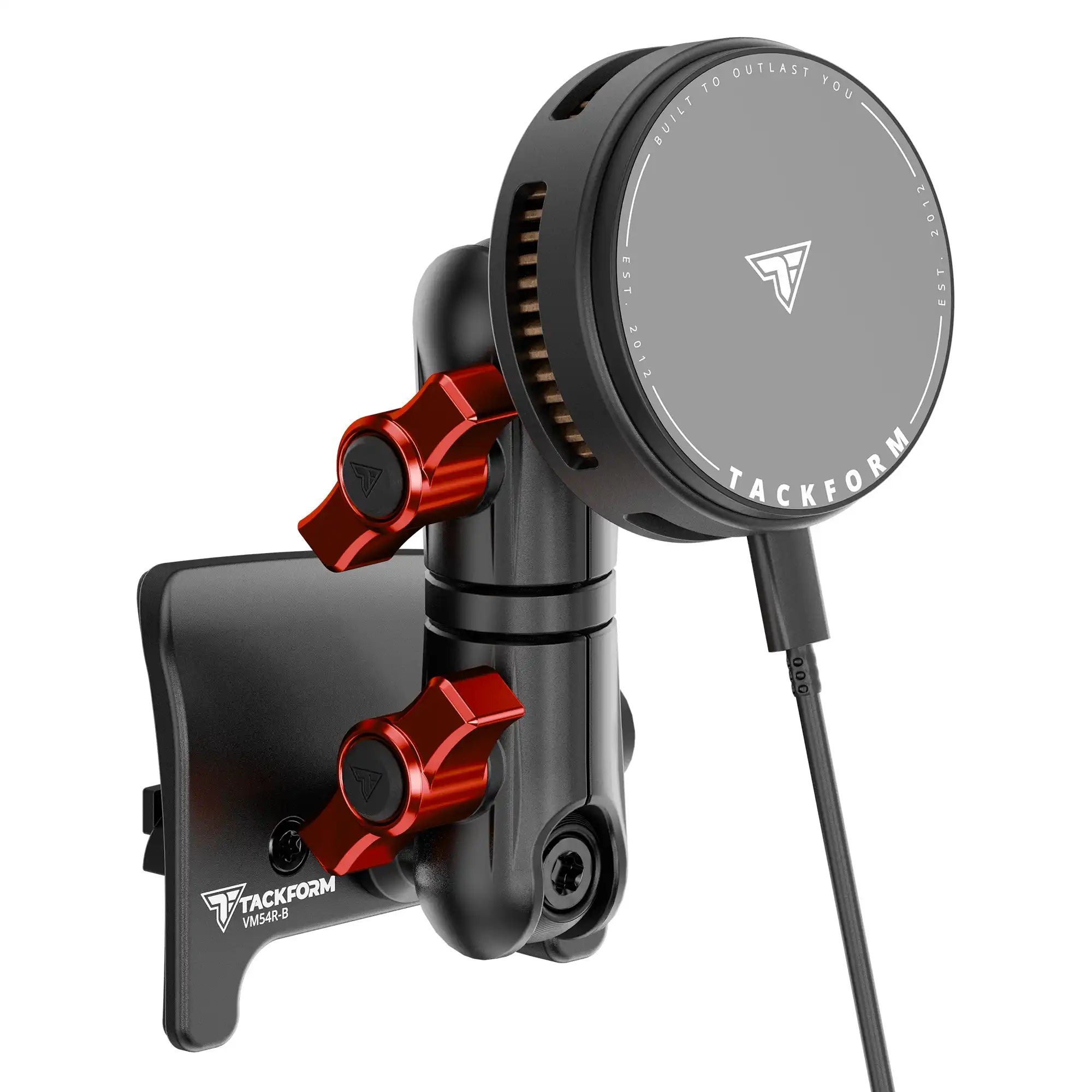 Product image of black 25W Qi Wireless Charging Toyota Tacoma Phone Mount active cooling and red billet knobs