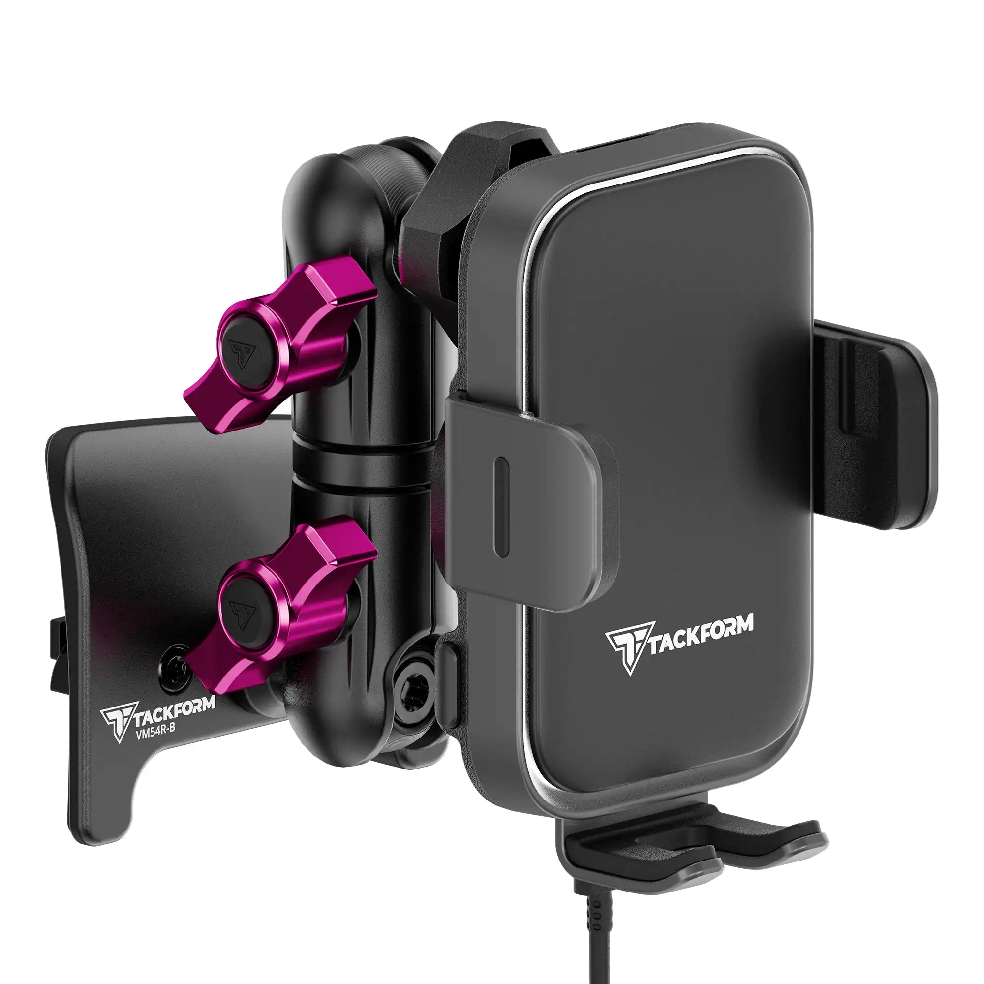 Product image of black Tacoma Phone Mount with Qi Wireless Charging Cradle and Customizable LED Accent Light with Pink Billet Knobs