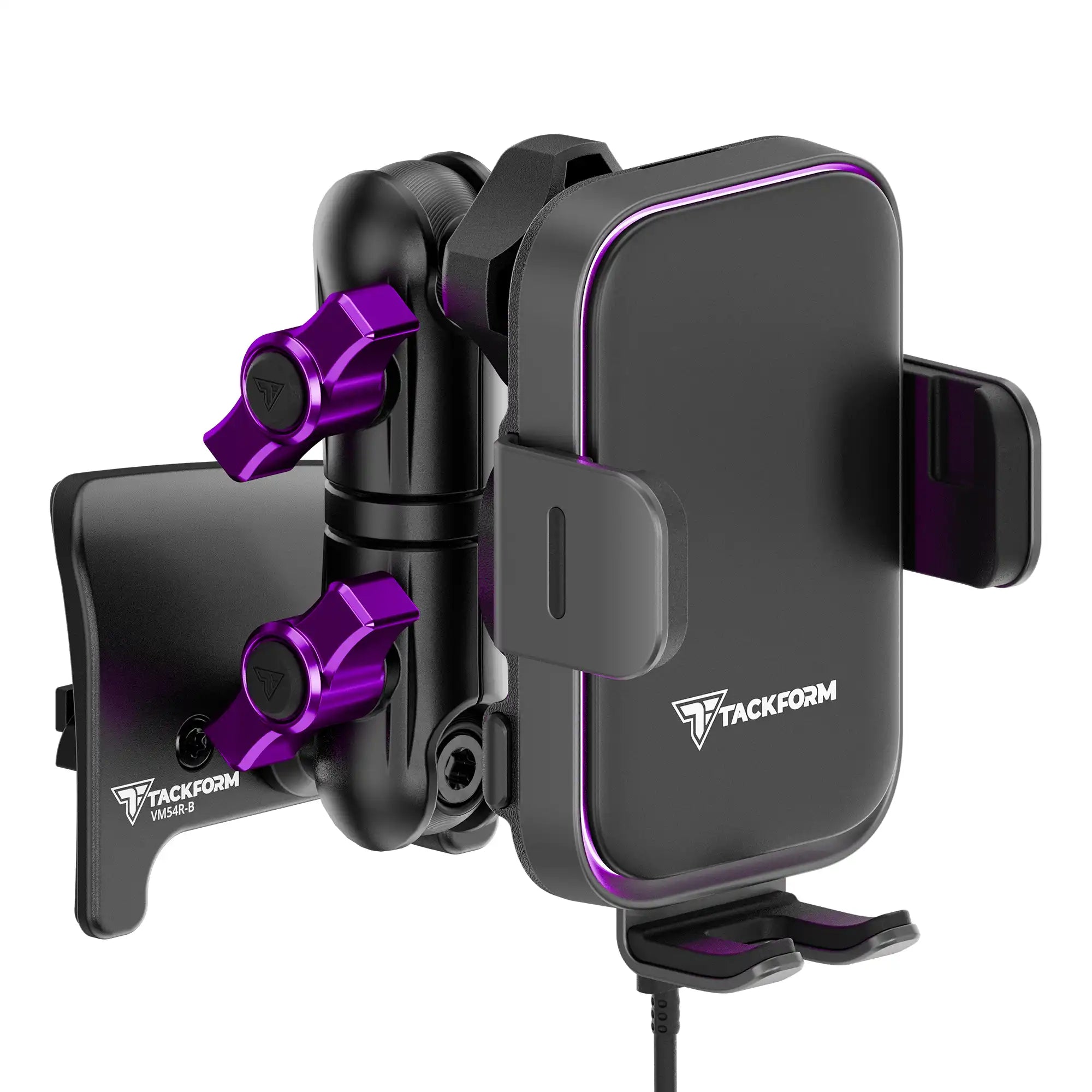 Product image of black Tacoma Phone Mount with Qi Wireless Charging Cradle and Customizable LED Accent Light with Purple Billet Knobs