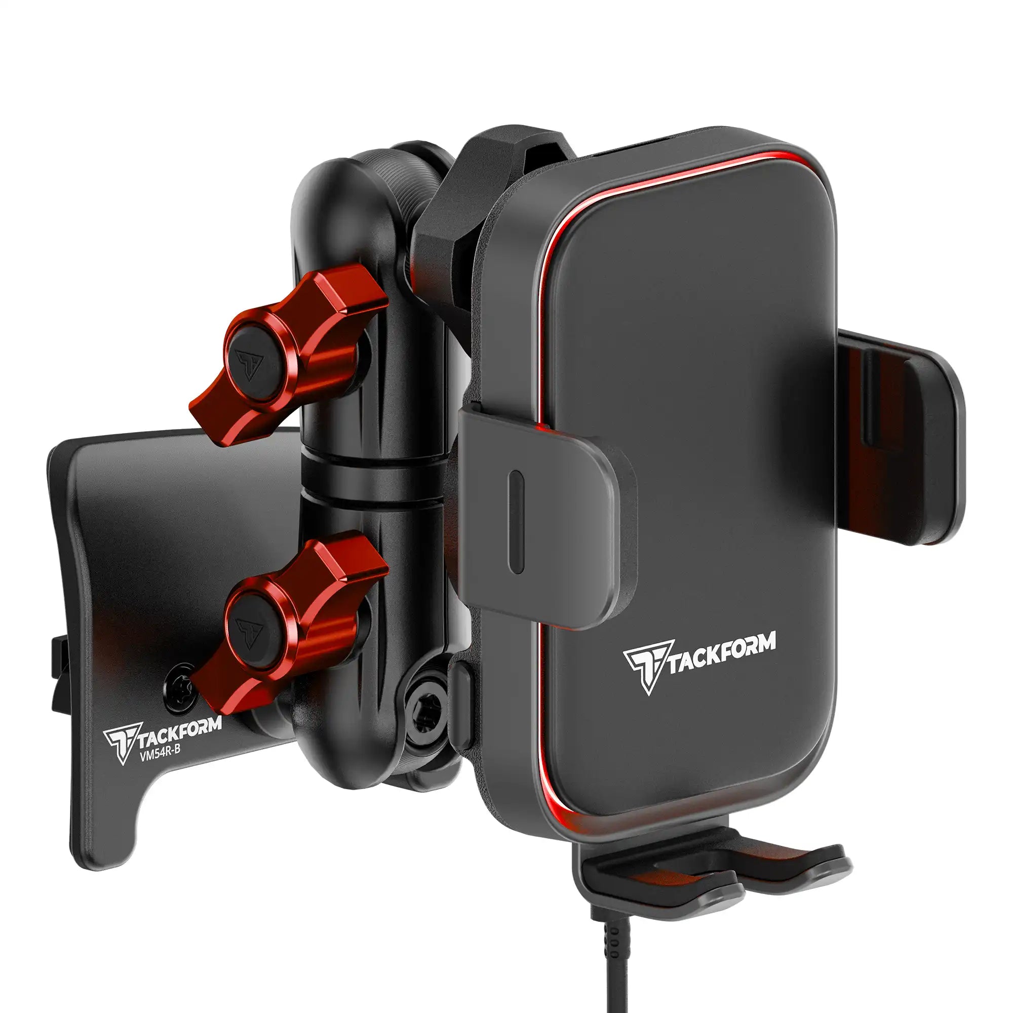 Product image of black Tacoma Phone Mount with Qi Wireless Charging Cradle and Customizable LED Accent Light with Red Billet Knobs