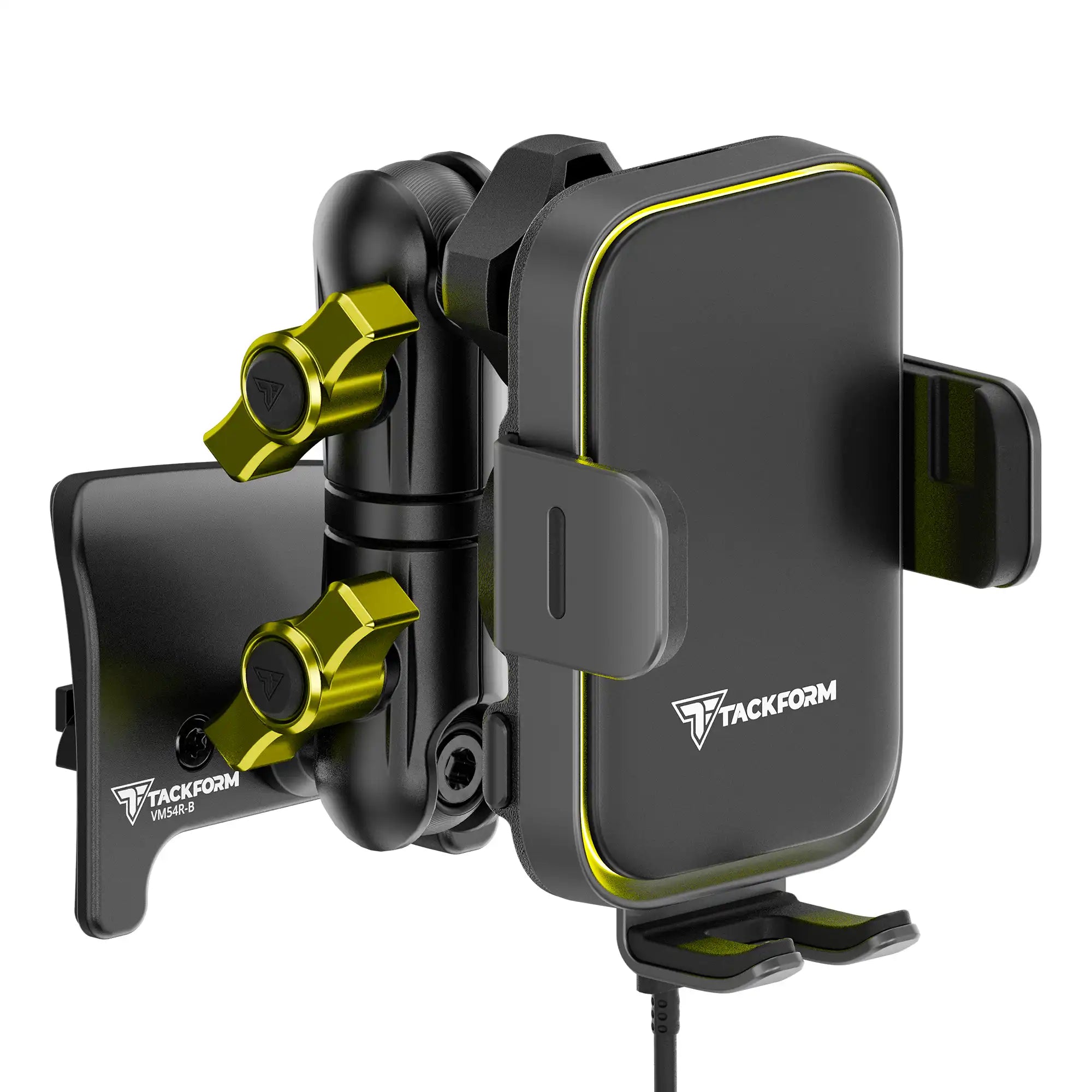 Product image of black Tacoma Phone Mount with Qi Wireless Charging Cradle and Customizable LED Accent Light with Yellow Billet Knobs