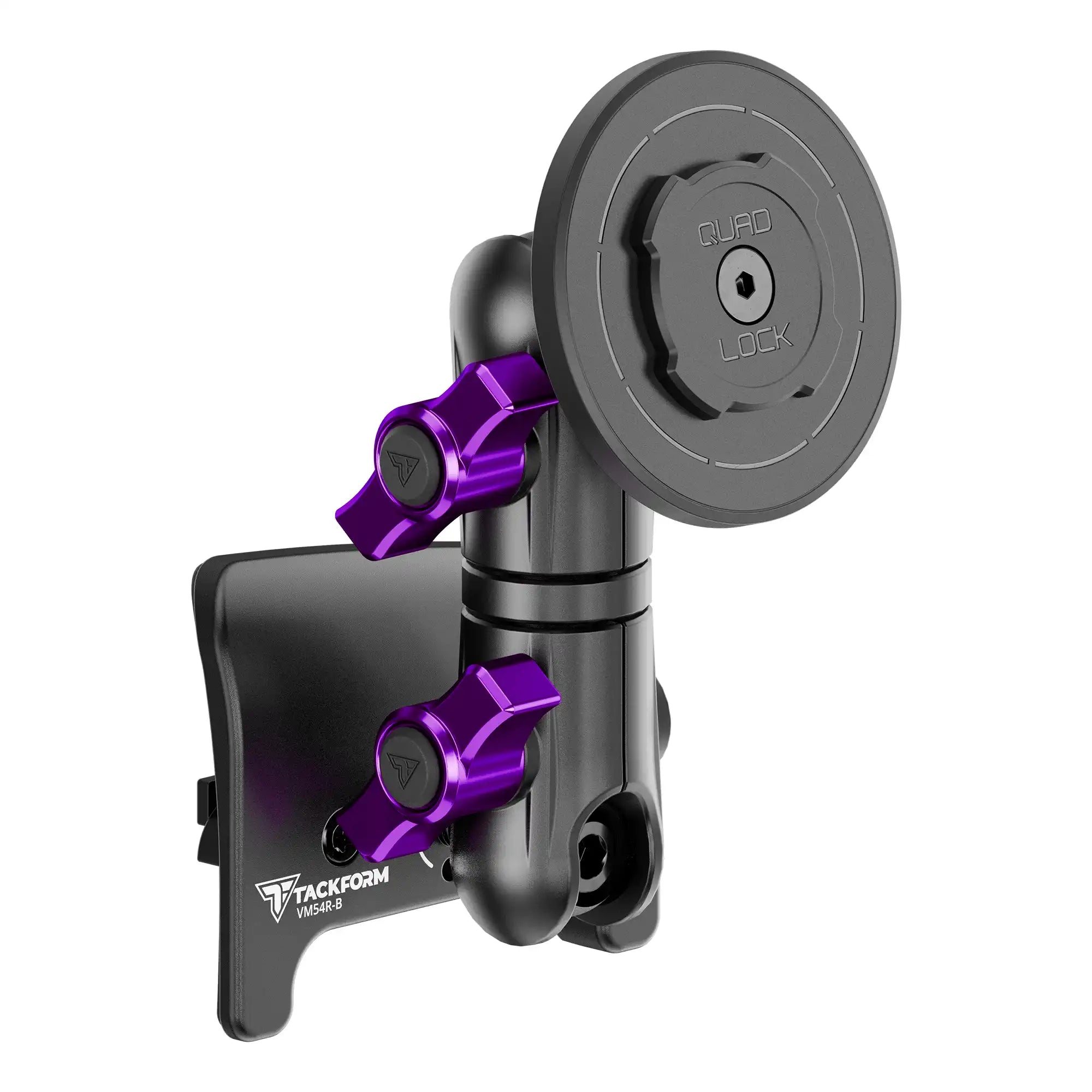 Product image of black Tacoma Phone Mount with Quad Lock MAG head and purple billet knobs