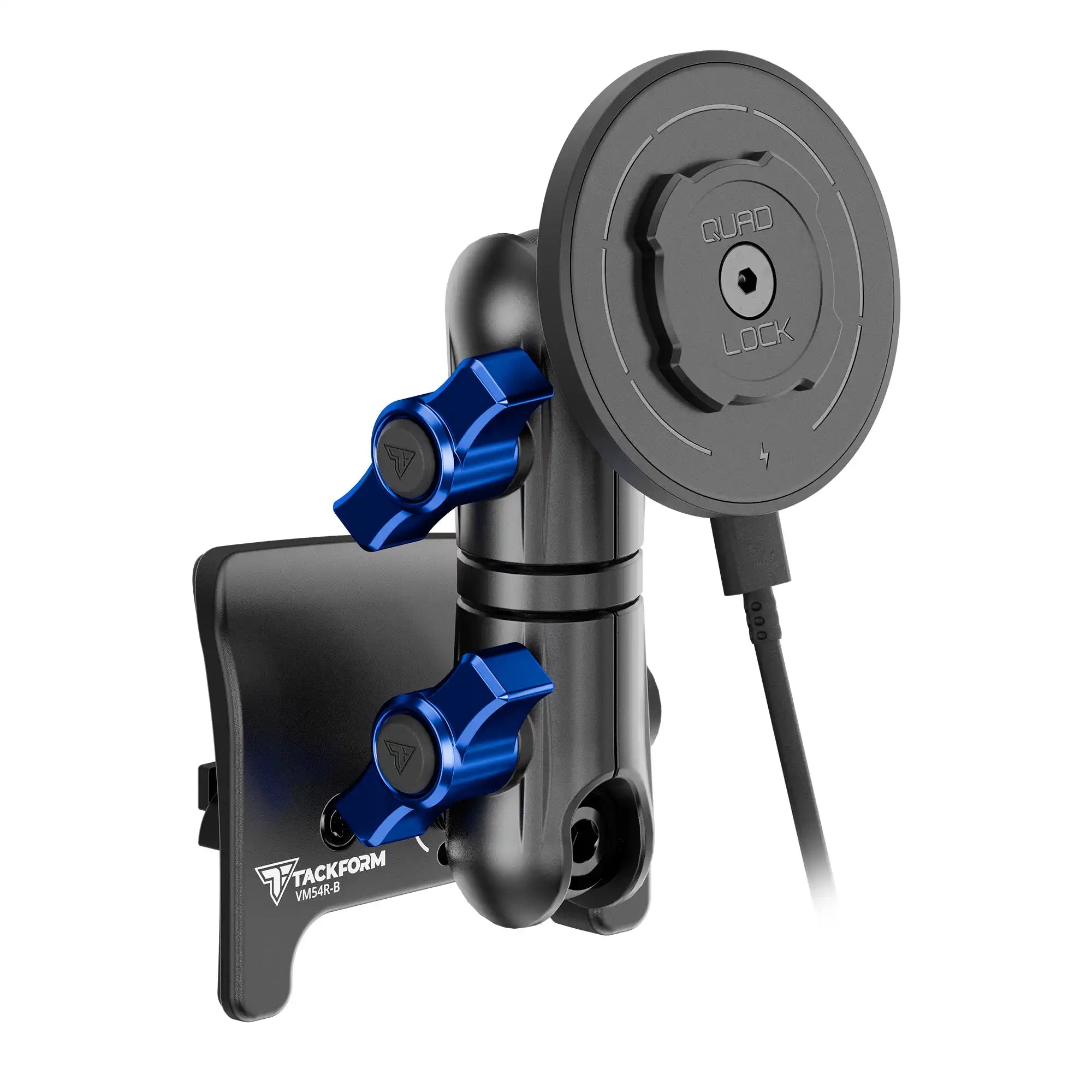 Product image of black Tacoma Phone Mount with Quad Lock MAG charging head and blue billet knobs