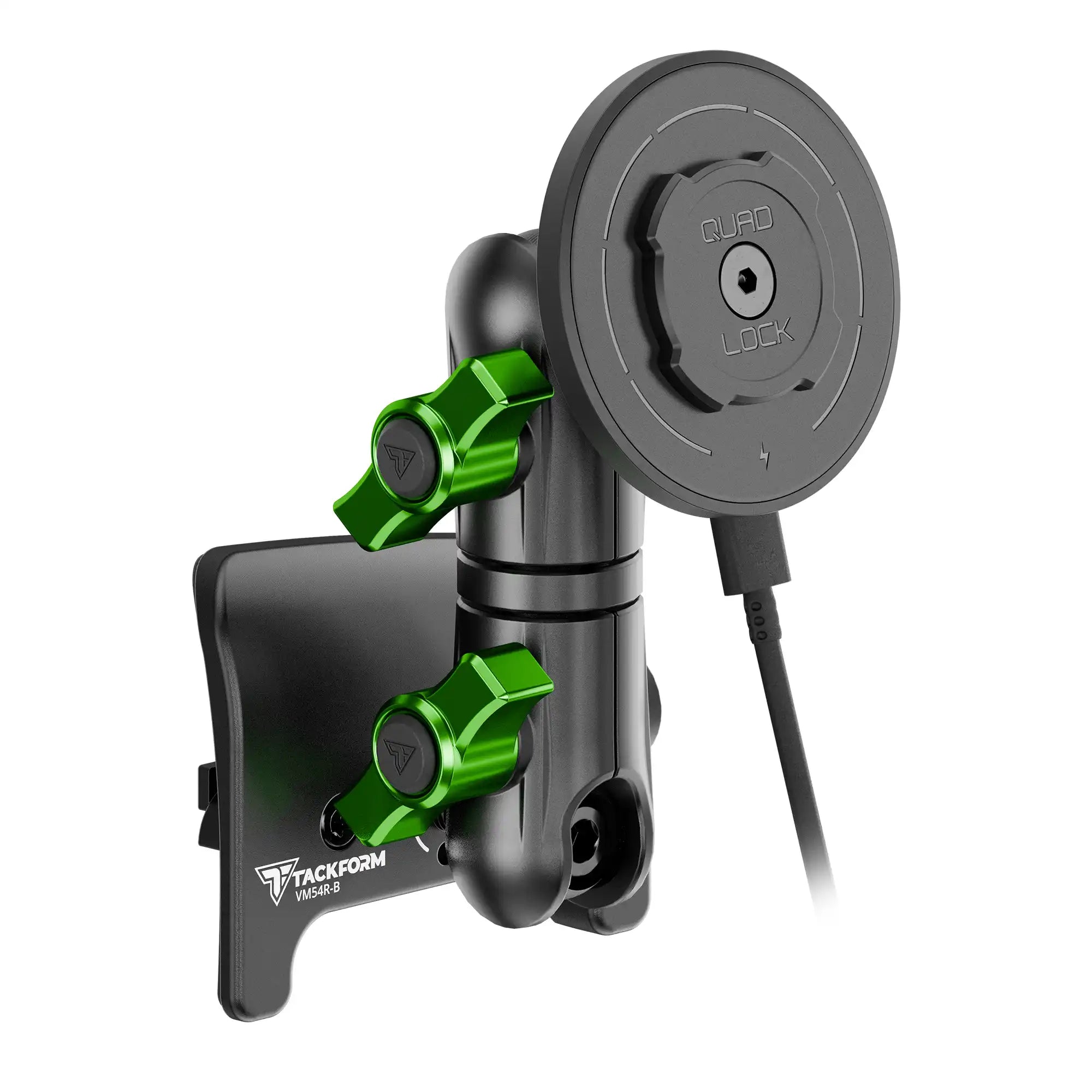 Product image of black Tacoma Phone Mount with Quad Lock MAG charging head and green billet knobs
