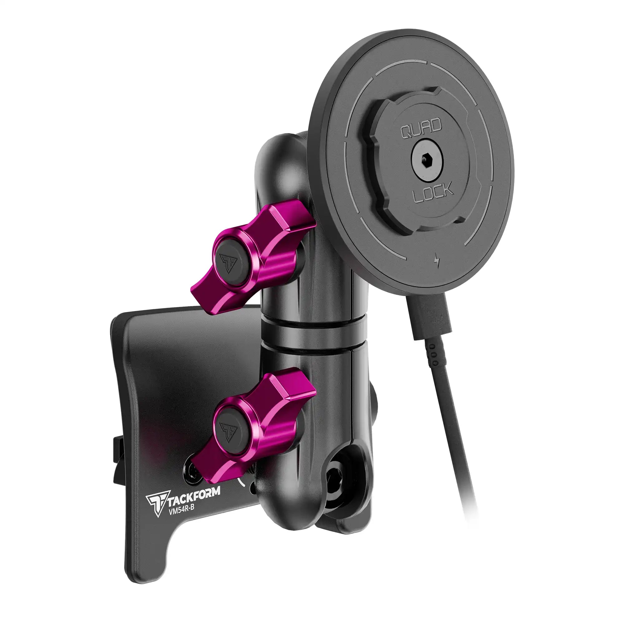 Product image of black Tacoma Phone Mount with Quad Lock MAG charging head and pink billet knobs