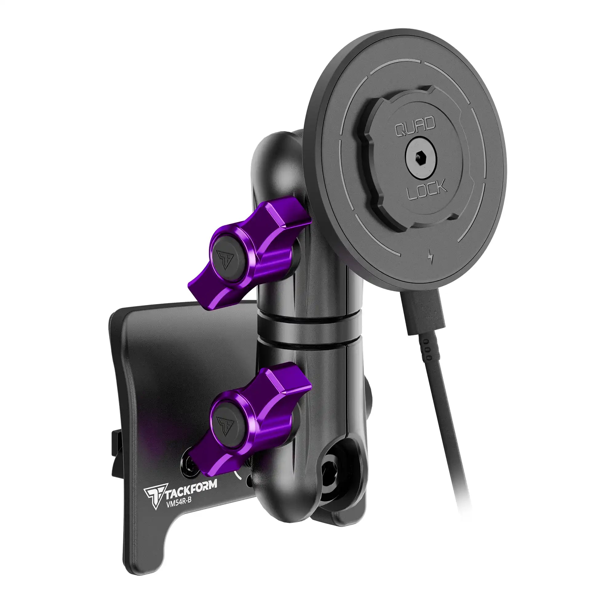 Product image of black Tacoma Phone Mount with Quad Lock MAG charging head and purple billet knobs