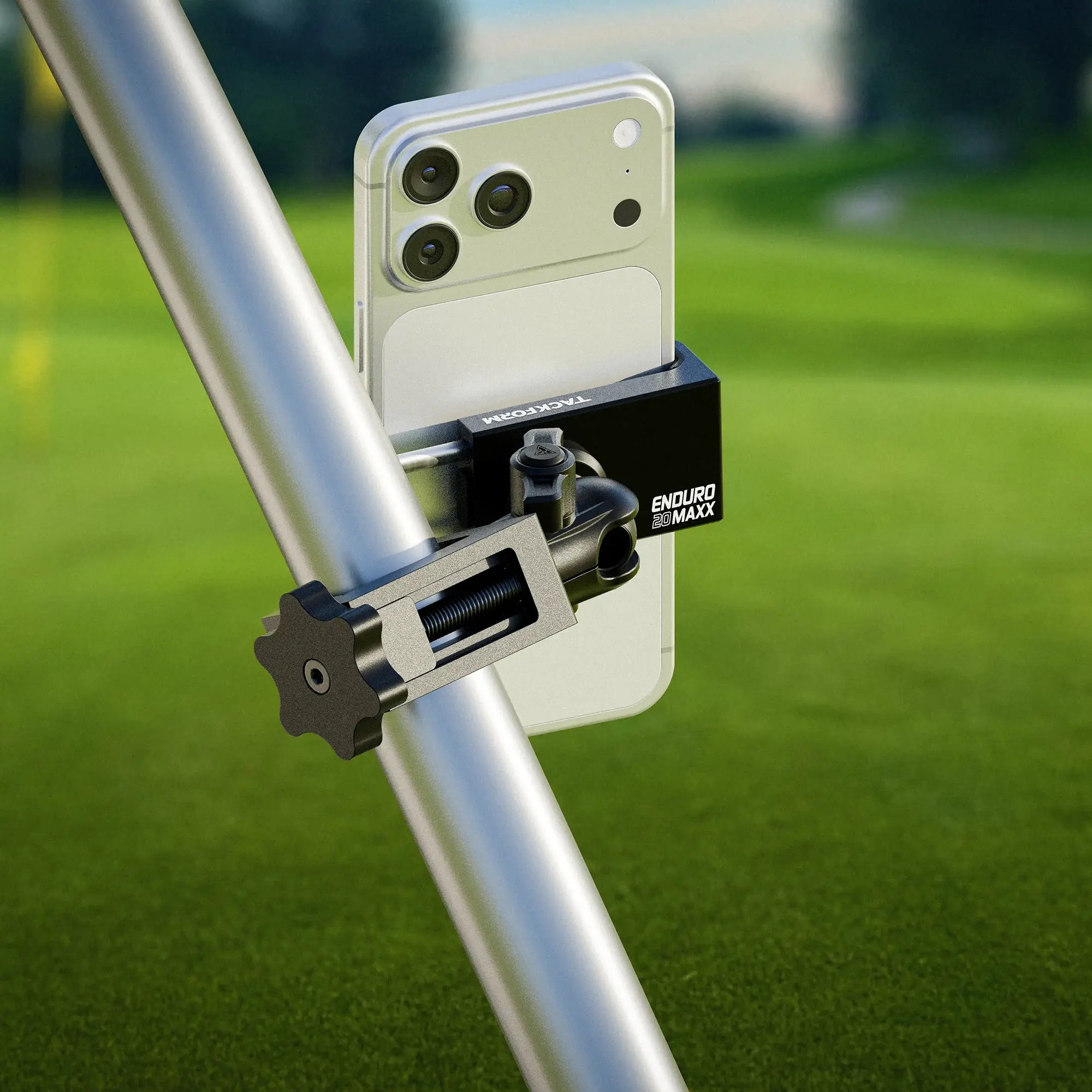 black all metal phone holder mount on golf cart bar