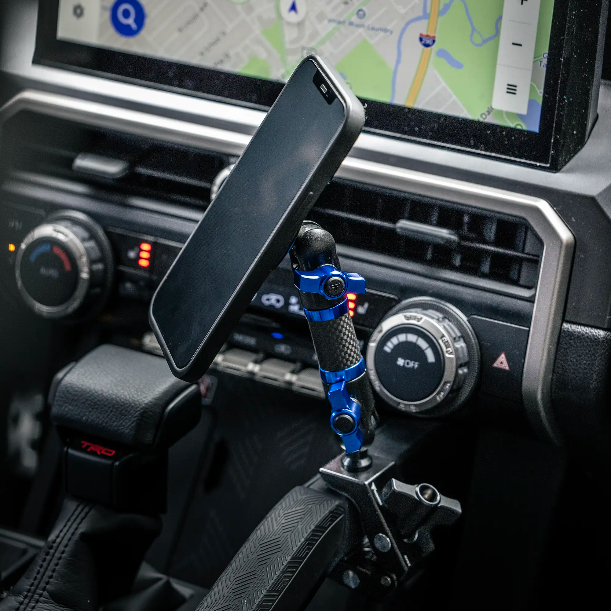 Toyota Tacoma and 4Runner MagSafe Magnetic Phone Mount with Blue Colored Knobs Installed In Vehicle 