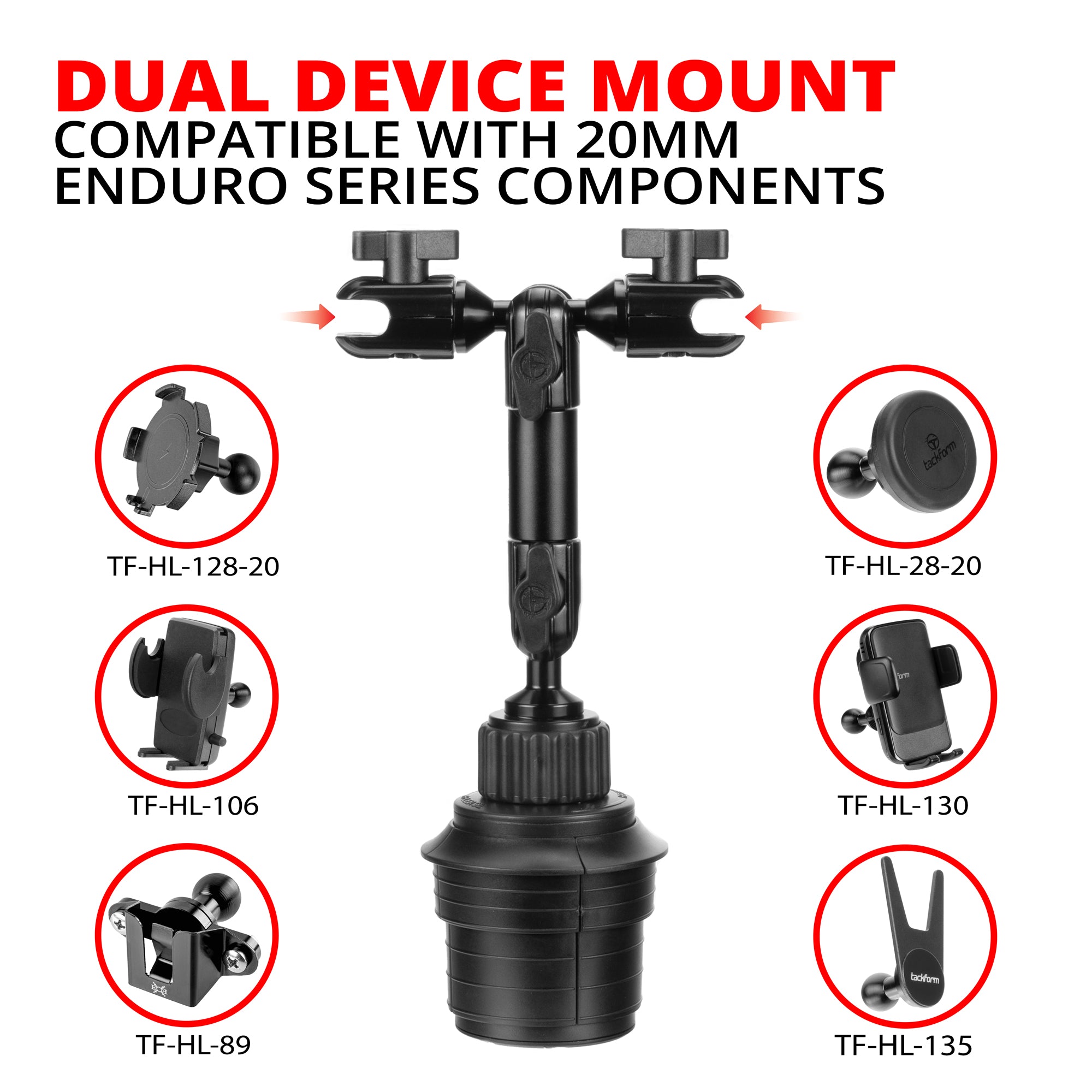 Dual Device Cup Holder Mount  | 4.75" Aluminum Tube Arm | Choose Your Holder Types