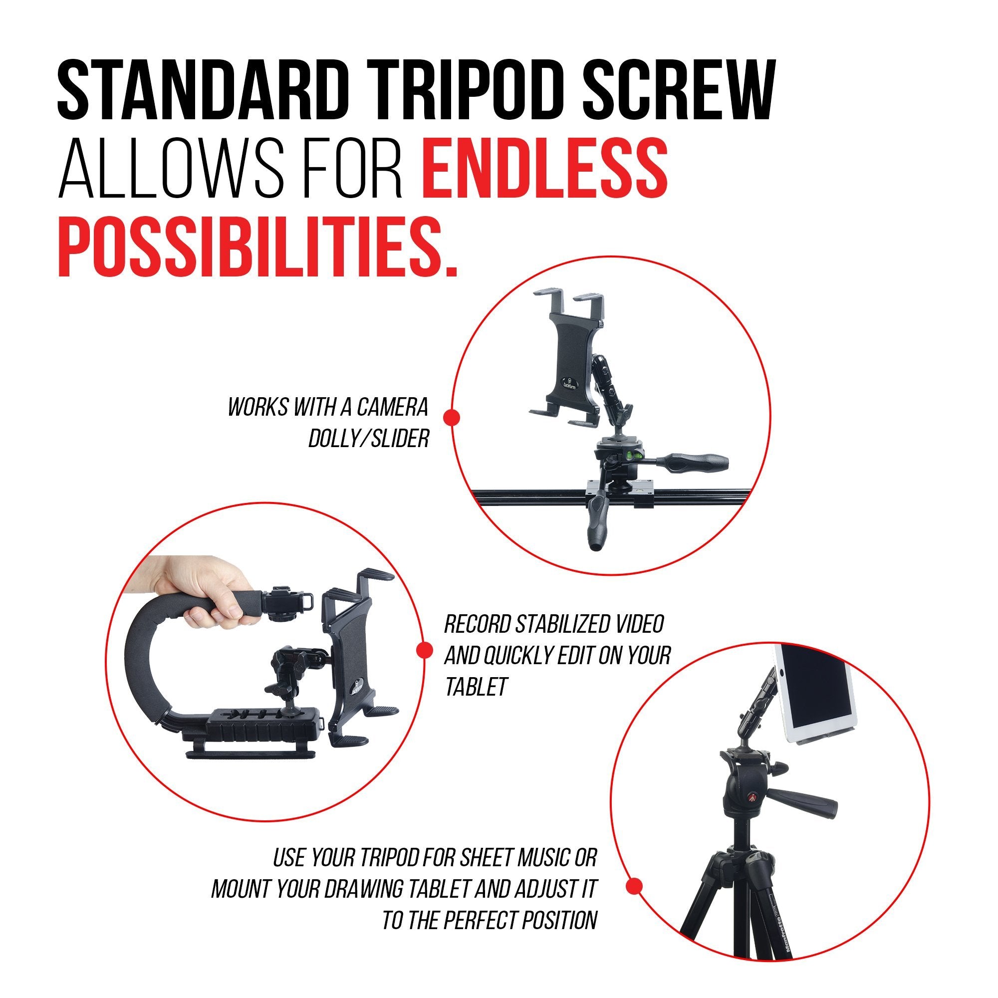 Tablet Mount for Tripod |Enduro Series| Spring Cradle | 1/4"-20 Screw Mountable | Compatible with iPad, Galaxy and more. Commercial Grade Parts